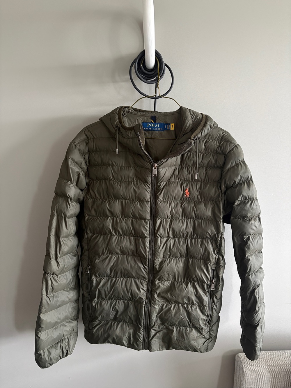 Polo by Ralph Lauren Olive Green quilted Hooded Puffer Jacket w/ Orange Pony S
